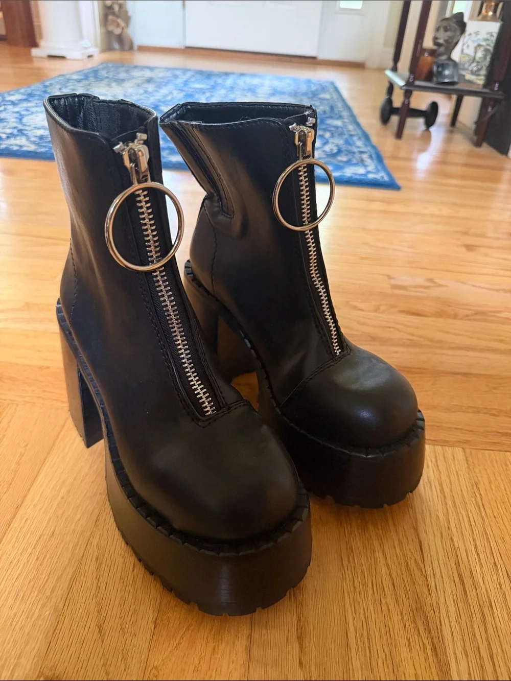 Dolls Kill Black Chunky Platform Ankle Boots with Gold Ring Zipper